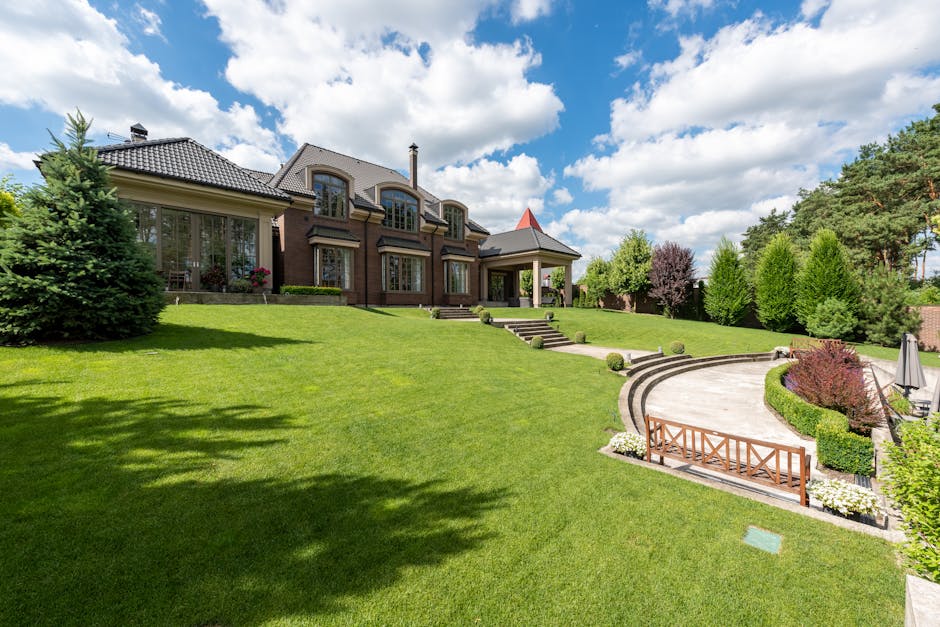 A spacious residential garden featuring a well-maintained, lush green lawn with neatly trimmed grass and a smooth, curved stone pathway leading to a set of small stairs that ascend towards the house.